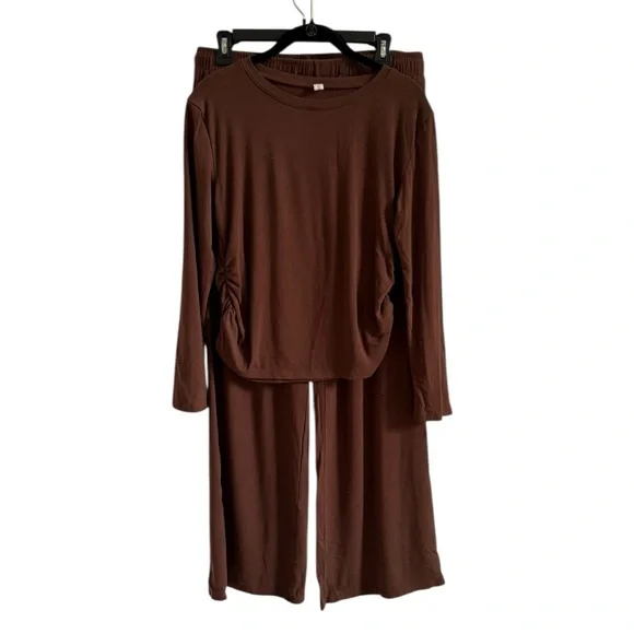 Women's 2 Piece Outfit Lounge Sets Long Sleeve Top Wide Leg Pants Casual Sz L - Picture 4 of 17